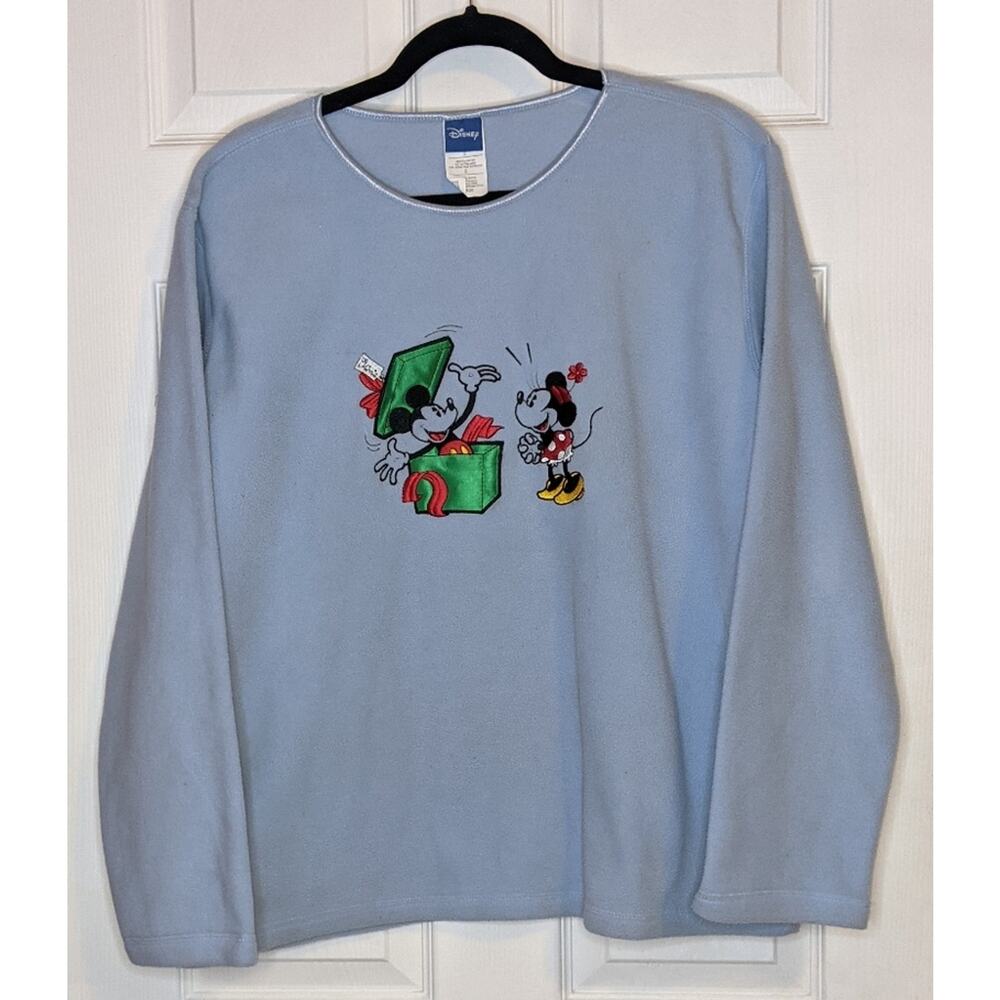 Disney Blue Mickey & Minnie Christmas Gift Long Sleeve Fleece Pullover Top L - Picture 1 of 10